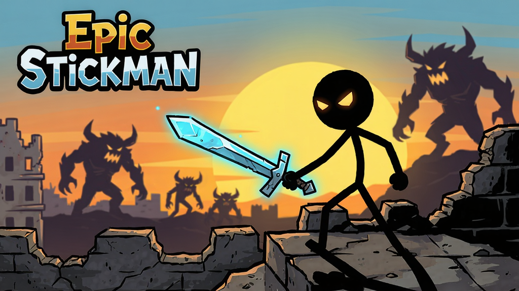 Epic Stickman��Ϸ���Ӿ�ͼ��չʾ���ǻ�����ֳַ��ⳤ����վ�ڷ����ǽ�ϣ�������Ϧ����Զ���Ĺ����Ӱ���������2D��湹ͼ�������ɾ����䣬ɫ�ʶԱ�������������Ӳ���Ҵ�����ʽ�����Ĵ���У�ϸ�ڷḻ�������������ɾ��޶���Ԫ�أ���ϷLogo��Epic Stickman�����ڻ������Ͻǡ�