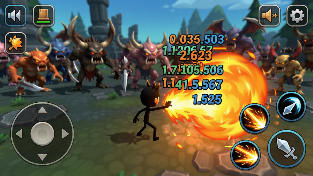 Epic Stickman��Ϸ�����ͼ�������ʾ����ҡ�ˣ��Ҳ���ʾ���ܰ�ť����ɫ�����ͷŷ�Χ��ϵ���ܣ���Ļ���д����˺�����Ʈ���������ǹ���Ⱥ��UI��������������ͼ���������룬����ɫ�ʱ��ͣ�ϸ�ڷḻ�����ʸ��壬�ɾ��޶���Ԫ�ء�