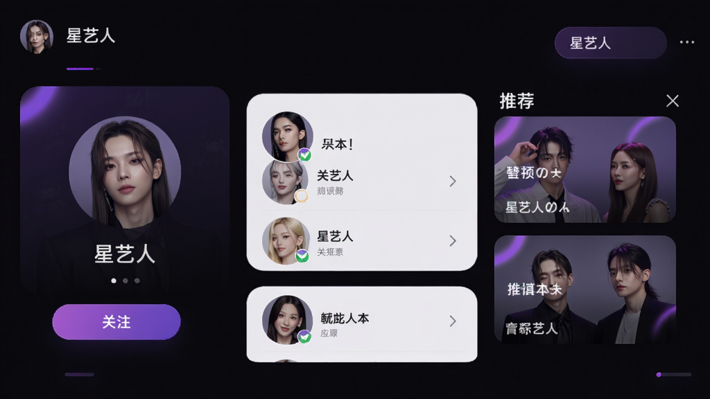 星艺人应用主界面预览图,展示艺人信息流、关注按钮和推荐模块,整体采用深色主题搭配渐变紫色高光,界面干净整洁,突出艺人头像和名字,画质清晰,无多余元素