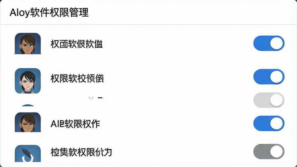 主体:Aloy软件的权限管理列表界面,展示应用图标与权限开关。布局:列表式排列,每个项目右侧有开关按钮。排版:开关按钮以蓝色和灰色区分开启/关闭状态。风格:简约白底设计,字体清晰。细节:顶部标题栏写有“Aloy软件权限管理”字样。画质:高清,干净,无多余元素。