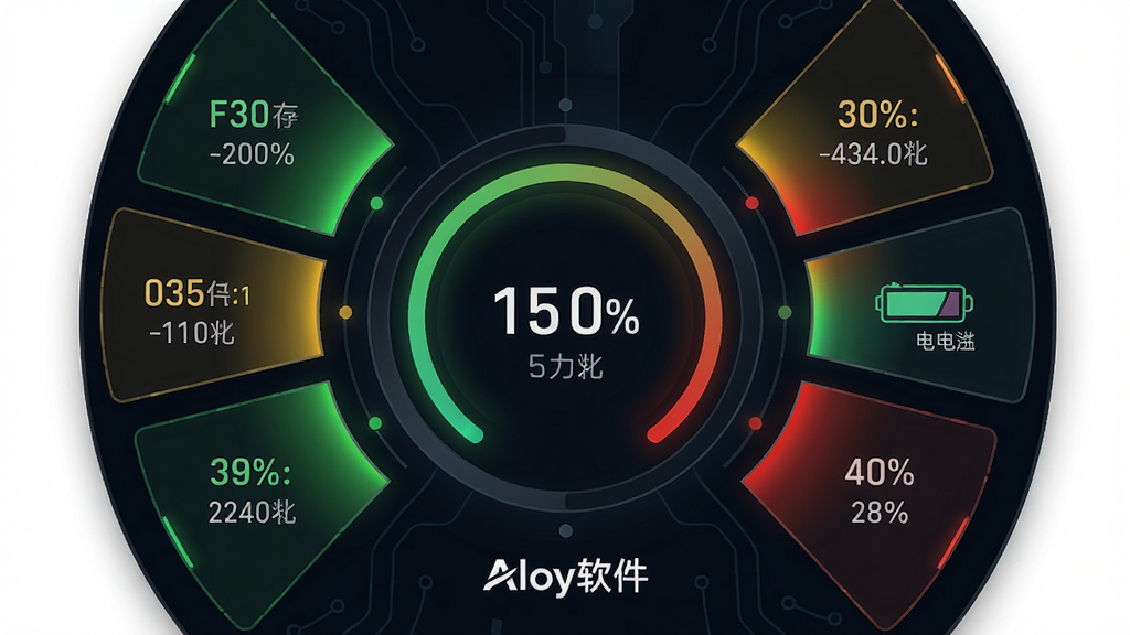 主体:Aloy软件的系统优化仪表盘界面,中央为圆形性能评分,周围分布内存、电池、存储等指标。布局:居中圆形仪表盘,四周放射状排列扇形数据。排版:数值实时更新,颜色由绿到红渐变。风格:深色科技风,带有发光线条。细节:仪表盘下方标注“Aloy软件”品牌标识。画质:超清,干净,无多余元素。