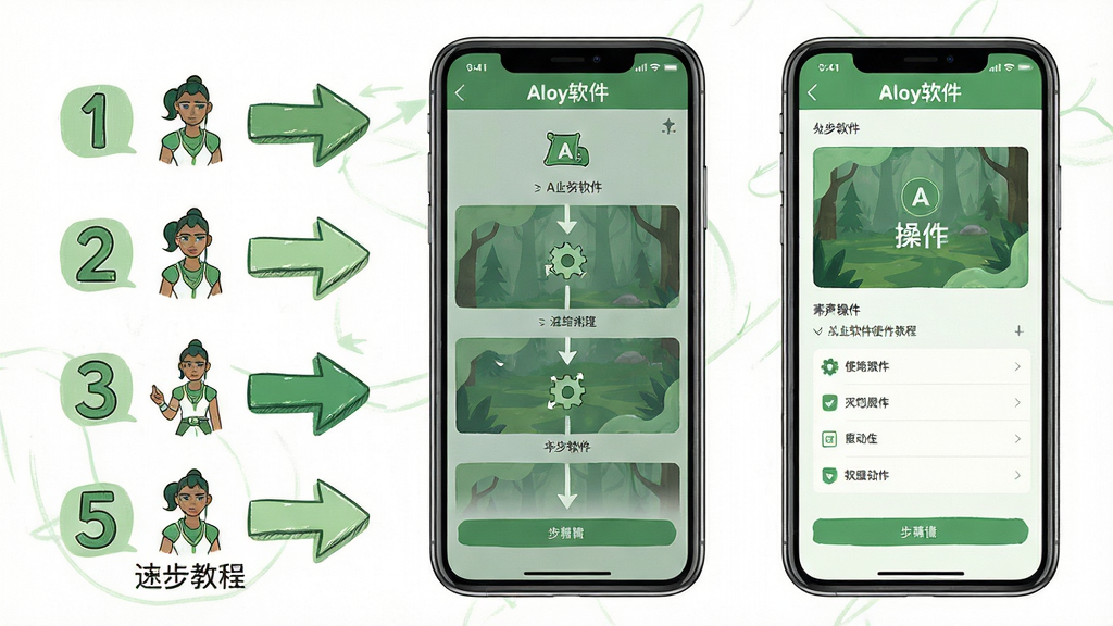 主体:Aloy软件的使用教程分步图解,手机屏幕显示操作步骤。布局:左侧为箭头引导的步骤序号,右侧为对应操作界面示意。排版:步骤条垂直排列,每一步配有简图标。风格:清新绿色主题,手绘风格图标。细节:每步下方有文字说明,屏幕中显示“Aloy软件”界面。画质:超清,干净,无多余元素。