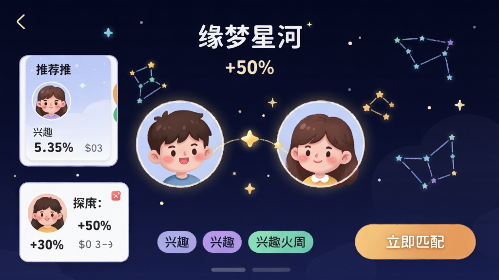 展示“缘梦星河”应用中的智能匹配功能界面,主体为两个卡通人物头像被星光连接,周围环绕星座图标与匹配度百分比,布局居中,排版清晰,风格清新可爱,细节包括推荐卡片、兴趣标签与“立即匹配”按钮,画质干净无多余元素