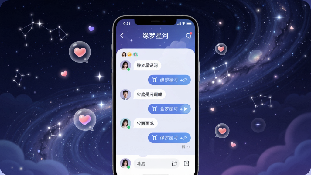 画面中心展示一款名为“缘梦星河”的手机应用界面,背景是深邃的星空与流动的星河,界面悬浮着柔和的光点与爱心气泡,整体布局简洁现代,采用渐变蓝紫色调,风格唯美梦幻,细节包括聊天窗口、用户头像与星座符号,画质高清干净,无多余元素