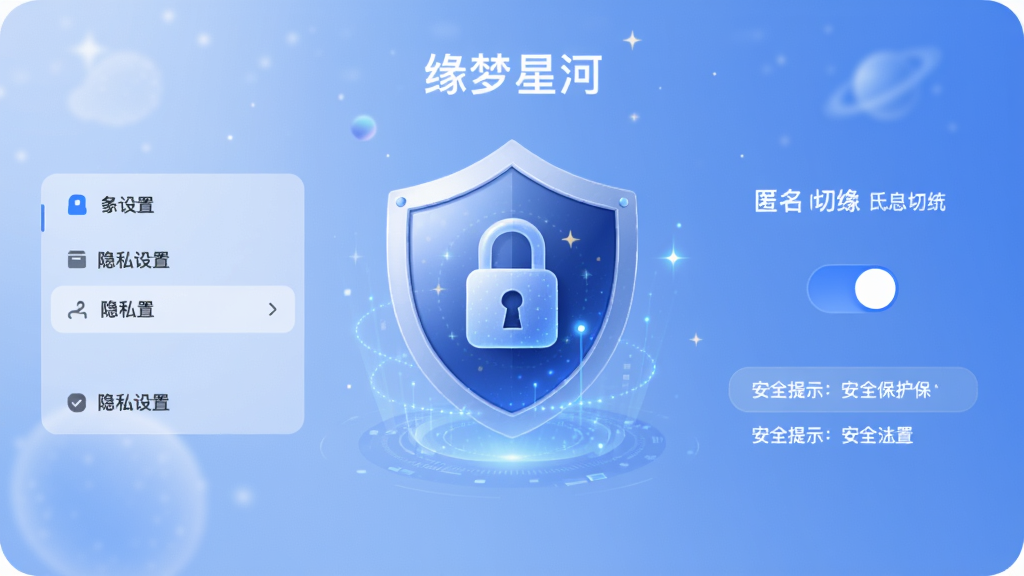 展示“缘梦星河”应用隐私保护功能界面,主体为盾牌图标与加密锁图案,背景为柔和渐变蓝色,布局简洁,风格科技感十足,细节包括隐私设置选项、匿名切换开关与安全提示文字,画质高清干净