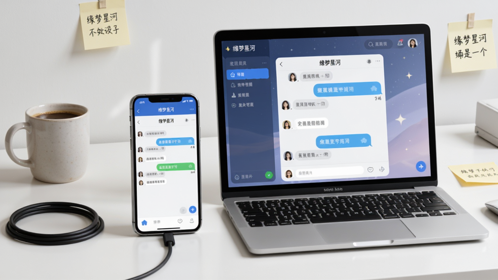 展示“缘梦星河”应用使用场景示意图,主体为一部手机与一台电脑并排放置,屏幕显示应用聊天界面,背景为简约工作台,布局清晰,风格写实,细节包括充电线、咖啡杯与便签纸,画质干净无多余元素