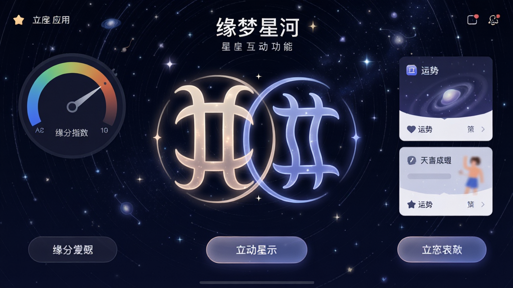 展示“缘梦星河”应用星座互动功能界面,主体为双子座与天秤座星座符号相互交织,背景为星空与星轨,布局对称,风格浪漫神秘,细节包括缘分指数仪表盘、运势卡片与互动按钮,画质精美干净