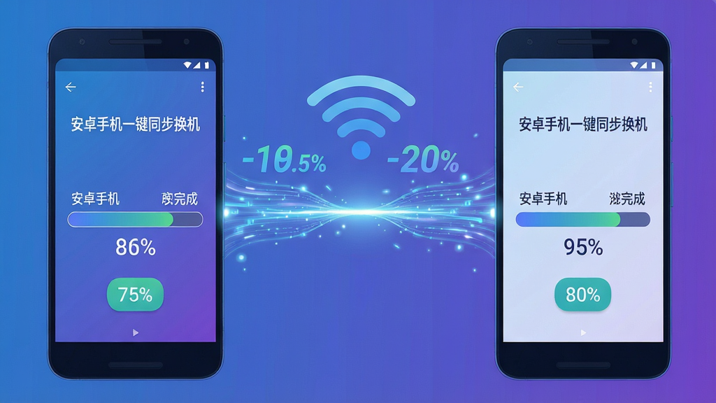 主体:两台安卓手机通过Wi-Fi信号连接,屏幕上显示高速传输进度条和数据流动特效;布局:左右对称构图,两台手机分居两侧,中间以光线连接;排版:传输速率数字动态显示,进度条清晰;风格:科技感插画,蓝紫色调;细节:手机屏幕显示“安卓手机一键同步换机”字样和传输完成百分比;画质:细腻清晰,干净,无多余元素