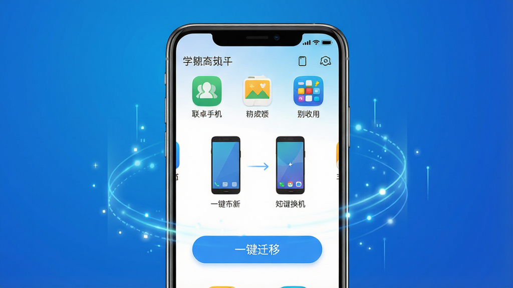 主体:一部手机屏幕显示“安卓手机一键同步换机”APP主界面,界面中有新旧手机连接动画和“一键迁移”按钮;布局:居中构图,手机占据画面主体,背景为渐变色科技蓝;排版:界面图标整齐排列,文字清晰;风格:现代扁平化设计,色彩明亮,科技感强;细节:屏幕中显示联系人、照片、应用等图标,周围有数据流动的光效;画质:高清渲染,干净,无多余元素