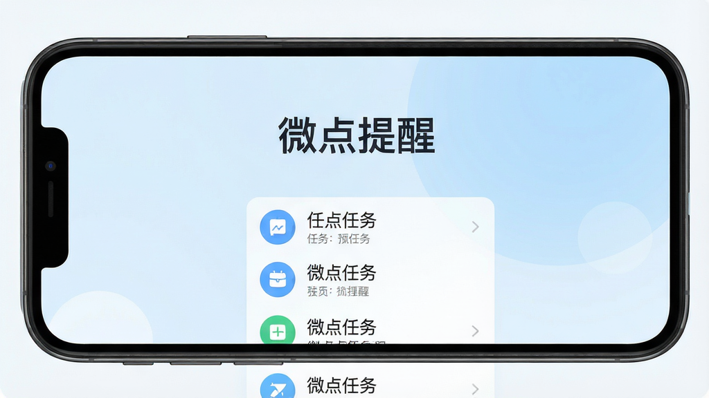 微点提醒主界面预览图,手机屏幕展示简洁的提醒列表,背景为淡蓝色渐变,界面中央有“微点提醒”四个大字,下方排列着圆形图标和任务条目,整体风格清爽明亮,扁平化设计,UI布局规整,细节精致,画质高清,干净无多余元素