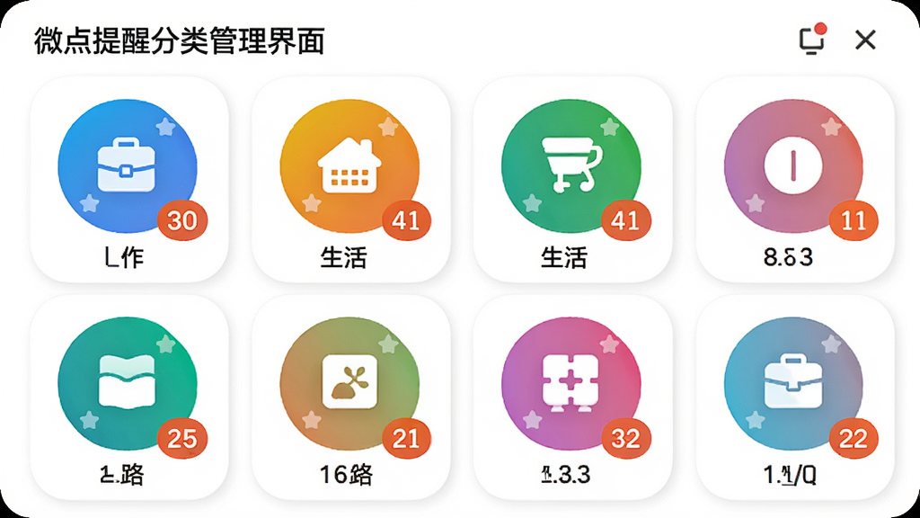 微点提醒分类管理界面,显示彩色圆形分类图标,包括工作、生活、学习等,每个图标下带有数量角标,界面背景为白色,卡片式布局,圆角设计,色彩明快,整体风格活泼,画质清晰
