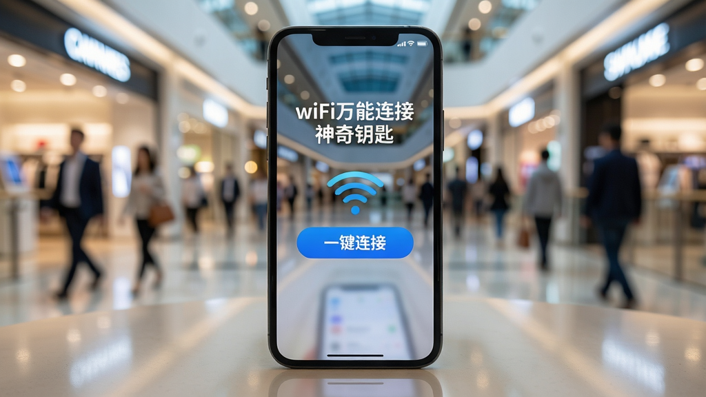 一张智能手机屏幕特写,屏幕中显示“wifi万能连接神奇钥匙”的APP主界面,界面中央有一个醒目的“一键连接”按钮,背景是模糊的现代城市商场内景,有明亮的灯光和行走的人群,手机屏幕微光反射在桌面上,画面干净清晰,采用写实摄影风格,突出软件易用性与便捷性,画质高清,干净无多余元素