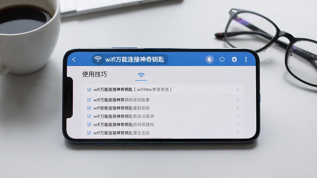 一张智能手机横屏截图,屏幕显示“wifi万能连接神奇钥匙”的“使用技巧”页面,有列表形式的提示条目,背景为简洁的浅灰色桌面,手机旁放着一杯咖啡和眼镜,构图清晰,采用浅景深写实风格,画质高清,干净无多余元素