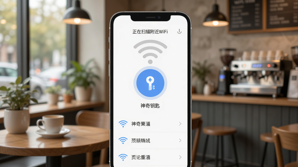 展示“wifi万能连接神奇钥匙”一键连接功能的操作截图,手机屏幕上方显示“正在扫描附近WiFi”,中间有一个大圆形连接按钮,下方列出几个可用的网络名称,界面简洁清爽,背景为室内咖啡馆场景,光线柔和,细节丰富,采用扁平化设计风格,画质干净无多余元素