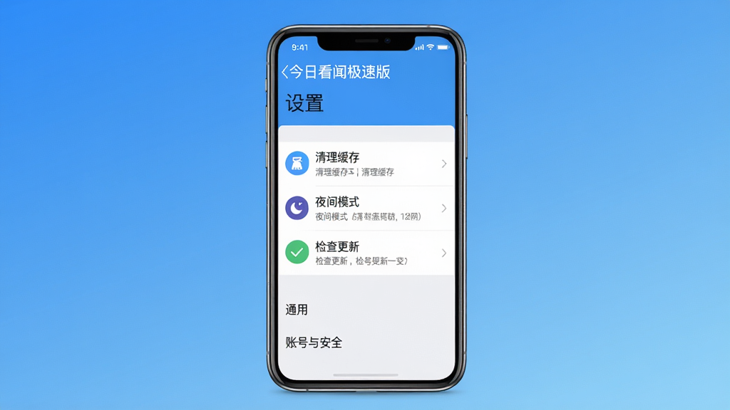 主体:一部手机显示“今日看闻极速版”的“我的”设置页面,包含“清理缓存”、“夜间模式”、“检查更新”等选项。布局:手机居中,屏幕内容清晰,背景为简洁的渐变蓝色。排版:设置列表整齐排列,每个选项旁有图标。风格:清新,简洁,实用。细节:屏幕上方显示“设置”标题,下方有“通用”、“账号与安全”等分组。画质:高清,干净,无多余元素。
