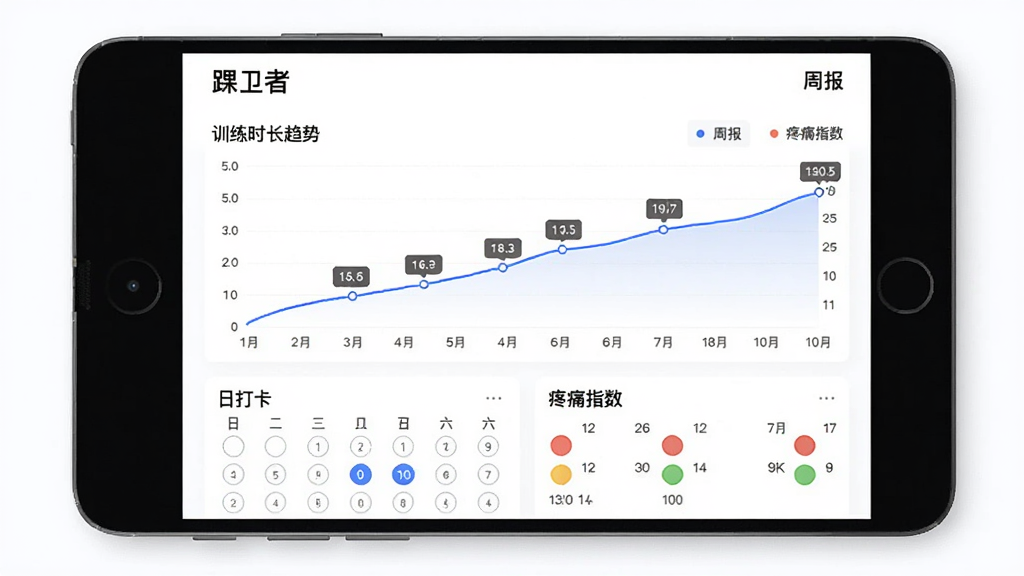 主体为“踝卫者”应用进度追踪图表页,以折线图显示训练时长趋势,下方有日历打卡记录与疼痛指数标记,背景为白色,排版简洁,风格商务简约,细节包含数据标签和“周报”文字,画质干净无多余元素
