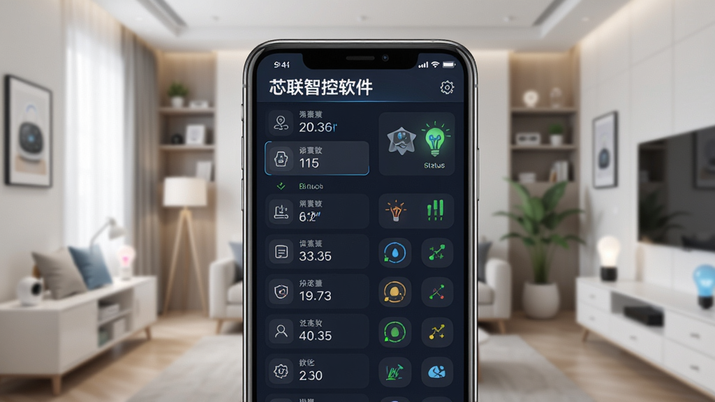 一张展示芯联智控软件主界面的高清预览图,画面中央是手机屏幕特写,屏幕上显示设备列表与状态图标,背景为模糊的智能家居环境,整体布局简洁明亮,风格现代科技感,细节丰富,画质干净,无多余元素