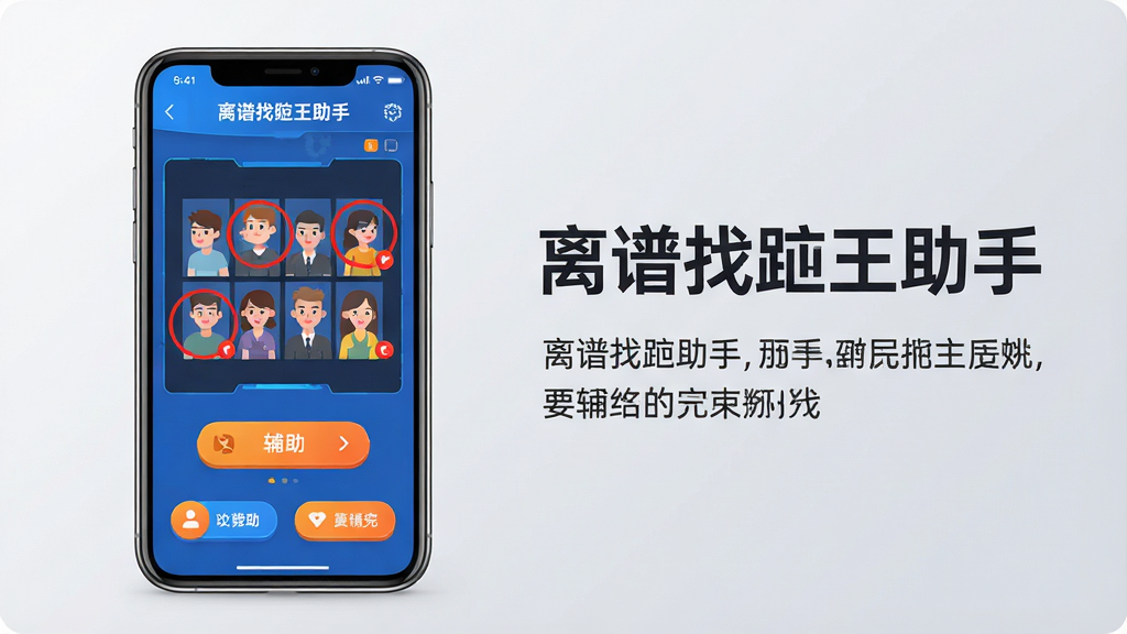 主体:一款名为“离谱找茬王助手”的手机应用界面,占据画面中央,界面显示游戏找茬场景和标记提示。布局:左侧为手机模型,右侧为放大的功能说明文字,整体采用左右对称结构。排版:手机界面清晰展示“离谱找茬王助手”名称和功能按钮,右侧文字简洁明了。风格:现代科技感,色彩鲜明,蓝色和橙色为主色调,背景为浅灰色渐变。细节:手机屏幕中有找茬图片和红色圆圈标记,突出辅助功能。画质:高清,干净,无多余元素。