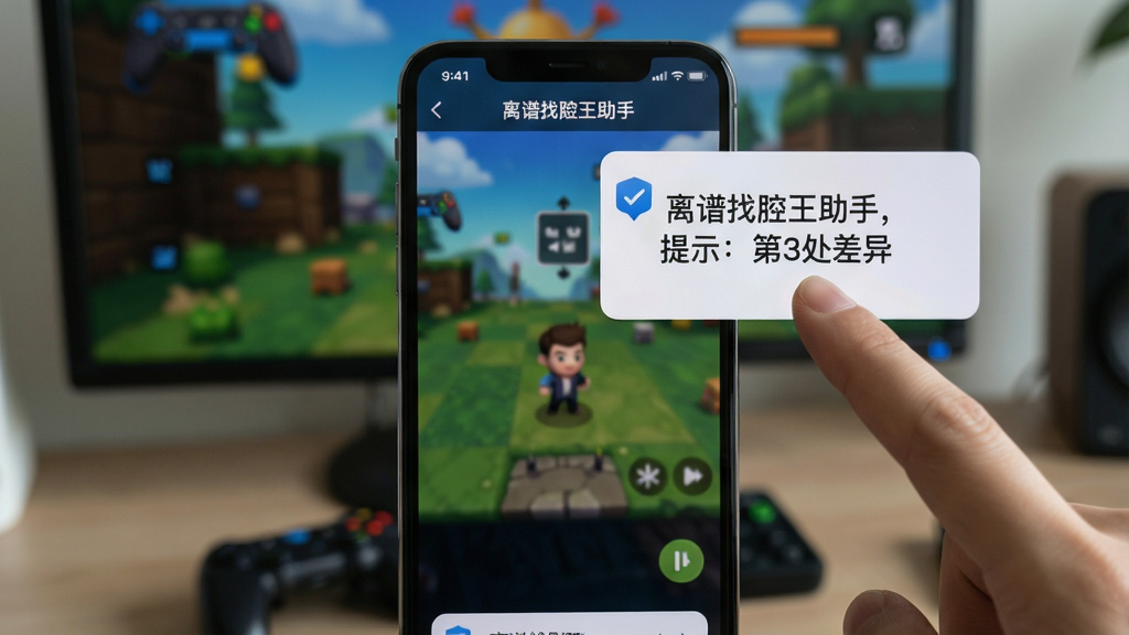 主体:一部手机正在运行“离谱找茬王助手”,屏幕显示悬浮窗提示效果。布局:手机位于画面中央,背景为模糊的游戏场景。排版:悬浮窗位于屏幕右上角,显示“离谱找茬王助手,提示:第3处差异”字样。风格:真实场景风格,光线自然。细节:手指点击悬浮窗的操作动作,突出便捷性。画质:高清,干净,无多余元素。