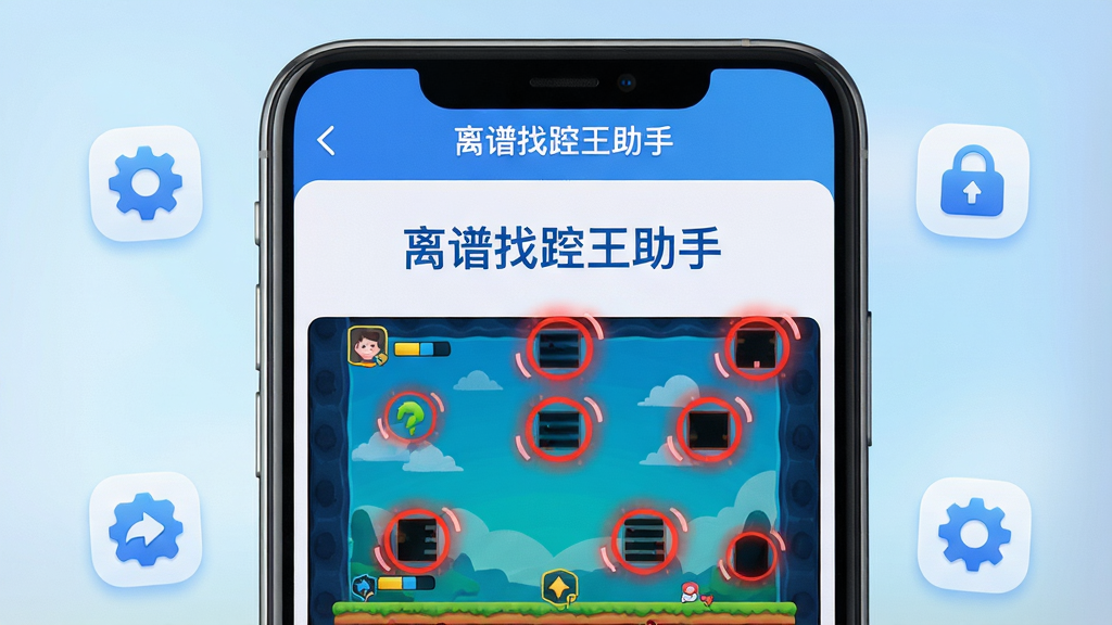 主体:手机屏幕显示“离谱找茬王助手”的智能识别功能界面,游戏画面中多个差异点被红色圆圈高亮标记。布局:居中构图,手机屏幕占主体,周围有功能图标点缀。排版:屏幕上方显示“离谱找茬王助手”名称,下方为标记后的游戏画面,清晰直观。风格:清新简洁,蓝白配色,背景为浅蓝色渐变。细节:标记圆圈带有闪烁动画效果,突出识别精准度。画质:高清,干净,无多余元素。