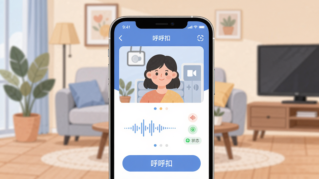 画面主体为一部智能手机屏幕显示呼呼扣主界面,背景为温馨家庭客厅场景,界面中有摄像头画面、声音波形和状态图标。布局采用居中构图,手机位于画面中央,四周留白,排版简洁清晰。风格为现代扁平化插画,色彩柔和以蓝白为主,细节包括界面上的中文按钮文字“呼呼扣”,画质高清干净,无多余元素。