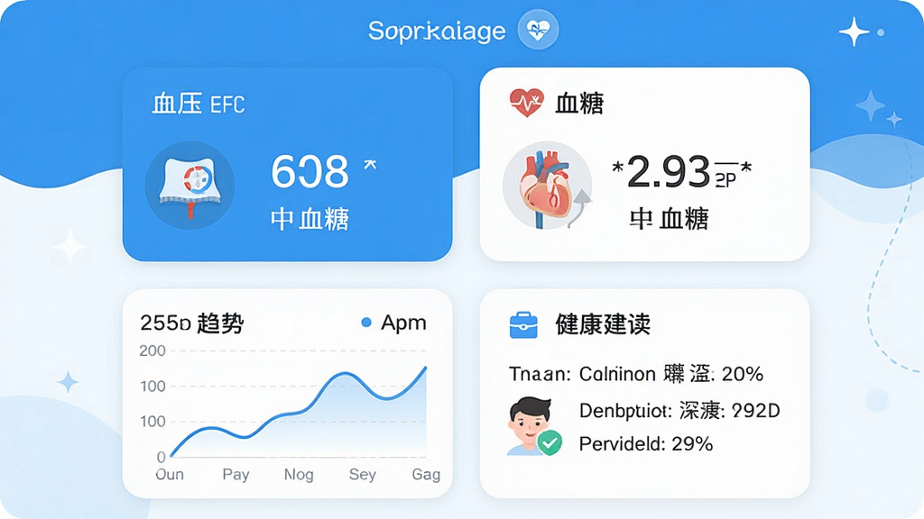图片展示手机血压血糖免费应用的主界面,界面风格清新简洁,上方显示血压与血糖的测量数据卡片,下方有趋势图表和健康建议模块,整体布局合理,色彩以蓝色和白色为主,画质干净,无多余元素