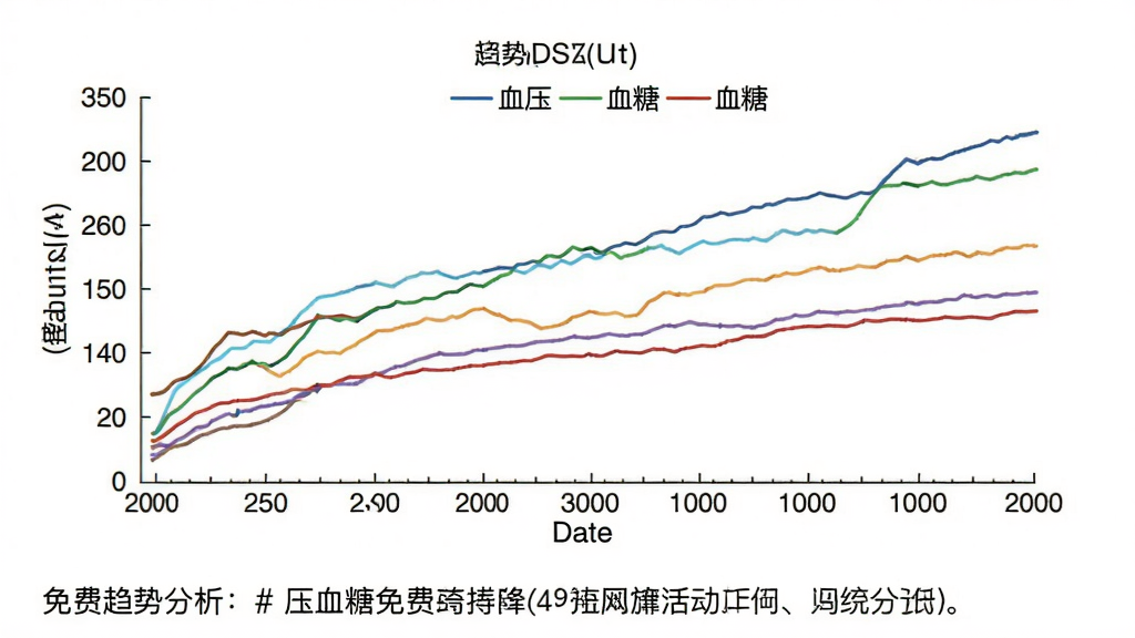 展示手机血压血糖免费的趋势分析图表,图表为彩色折线图,横轴为日期,纵轴为数值,图例标注血压和血糖,背景为白色,图表下方有简要的文字分析,整体风格专业且清晰,画质干净,无多余元素