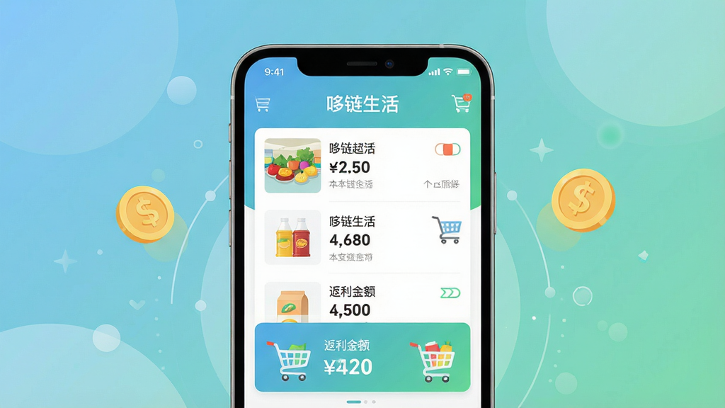 一幅现代简约风格的科技感宣传海报,主体为智能手机屏幕展示哆链生活APP界面,界面内有超市商品列表和返利金额提示,背景为柔和的蓝绿色渐变,布局中心突出,扁平化设计风格,细节包含金币图标和购物车元素,画质高清干净,无多余元素,屏幕内显示“哆链生活”字样