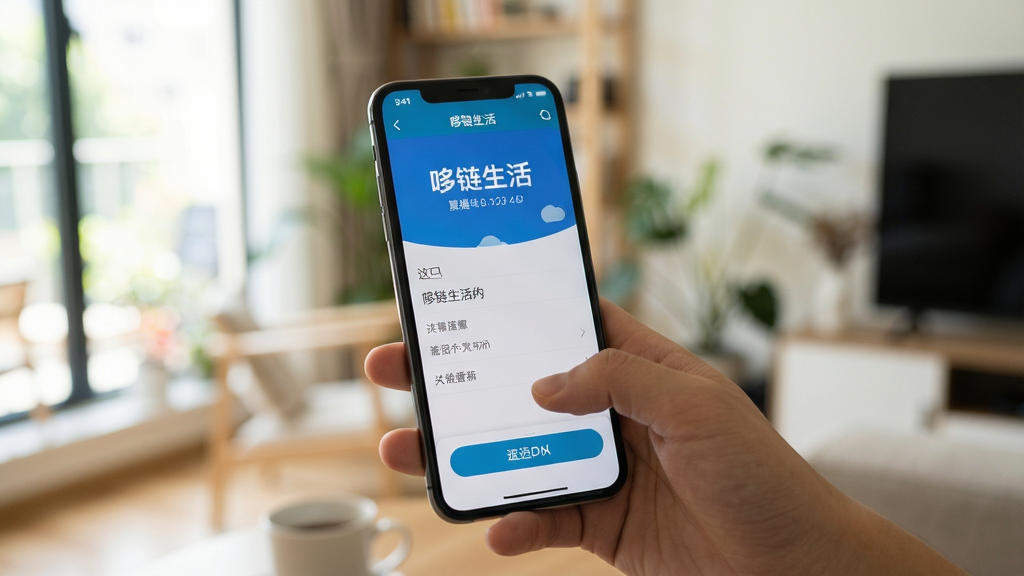 一张手机操作哆链生活APP的实拍图,主体为手持手机操作界面,背景为模糊的室内环境,布局自然,风格生活化,细节显示点击返回按钮,画质清晰,干净无多余元素