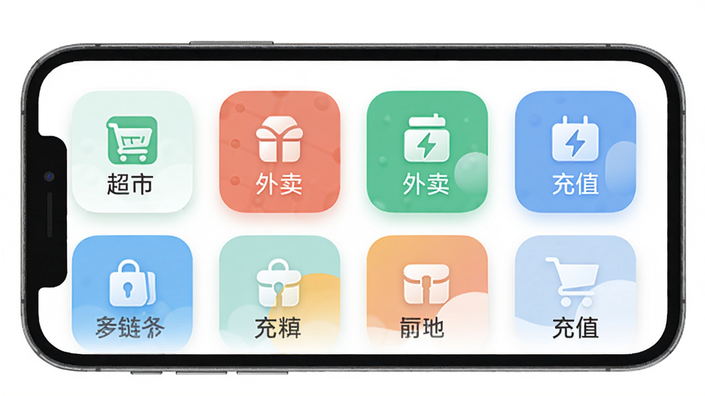 哆链生活APP功能整合界面预览图,主体为手机应用内页面,布局采用卡片式排列,展示超市、外卖、充值等多个功能图标,排版整齐,风格清新简洁,细节有圆角设计和柔和投影,整体色调明快,画质干净,无多余元素