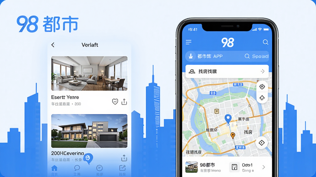 主视觉展示98都市APP界面,手机屏幕显示房源列表与地图找房功能,背景为城市建筑剪影,整体风格清爽简洁,以蓝色为主色调,突出“98都市”logo,画面干净无多余元素,高清画质