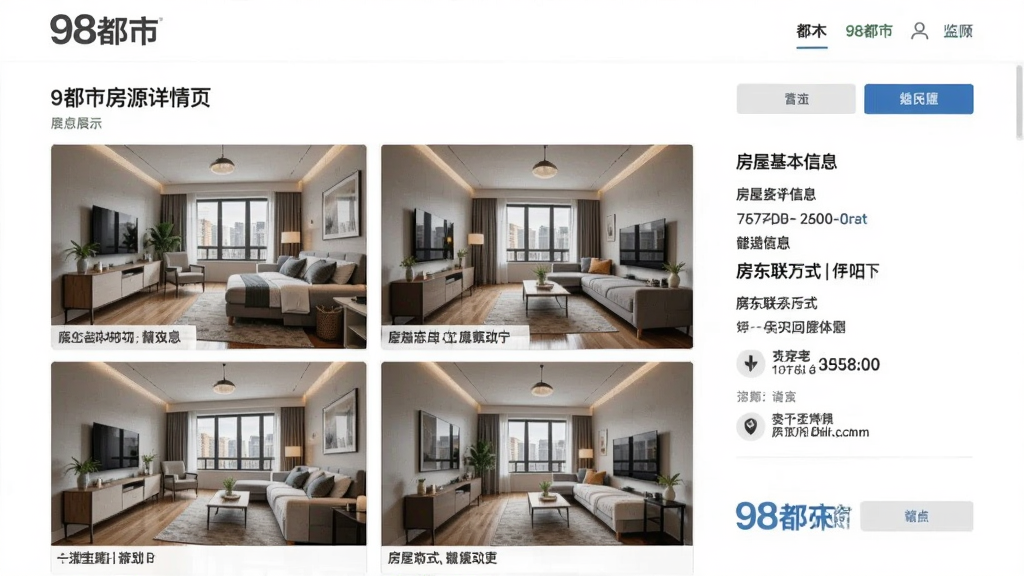 98都市房源详情页展示,包含多张室内实拍照片、房屋基本信息与房东联系方式,界面布局清晰,信息完整,风格简约实用,突出“98都市”品牌标识,画质干净无多余元素