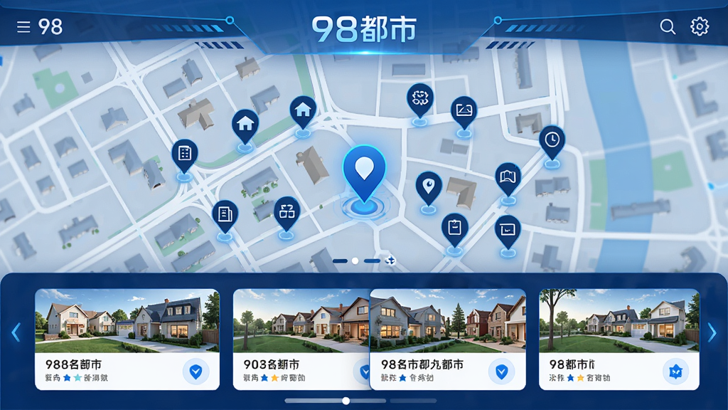 98都市地图找房界面,地图上显示房源标记点与周边设施图标,底部房源卡片,整体采用蓝色系,风格科技感,突出“98都市”字样,画质清晰无多余元素
