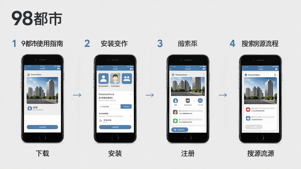 98都市使用指南配图,展示手机操作步骤,包括下载、安装、注册、搜索房源流程,分步图示,风格简洁明了,背景为浅灰色,带有“98都市”logo,画质干净
