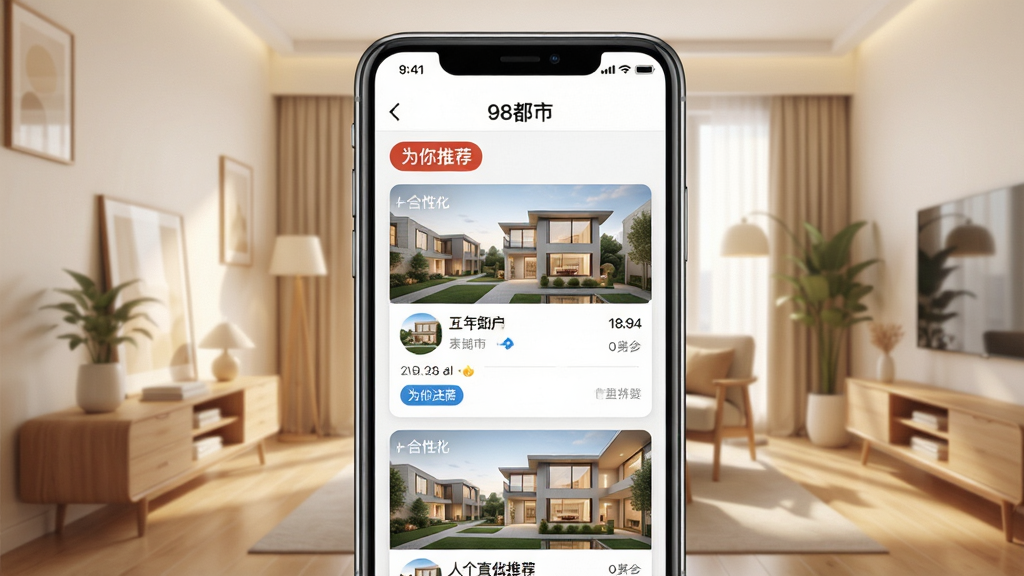 98都市智能推荐功能截图,手机界面展示个性化房源推荐列表,带有“为你推荐”标签,背景为简约室内场景,风格温馨明亮,突出“98都市”名称,画质高清无杂物