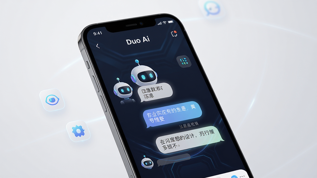���壺һ�������������ֻ�����չʾ����Ļ����Duo Ai�ĶԻ����棬������Ļ�����ͷ����������������ݡ����֣��ֻ�΢΢��б������Ϊ�ɾ���ǳ��ɫ���䣬ͻ����Ļ���ݡ��Ű棺����������ʾ��Duo Ai�������ͼ��Ĺ���ͼ�ꡣ����ִ��Ƽ��У�������ͣ�ϸ�ڷḻ�����ʣ�8k�ֱ��ʣ����壬�ɾ����޶���Ԫ�ء�