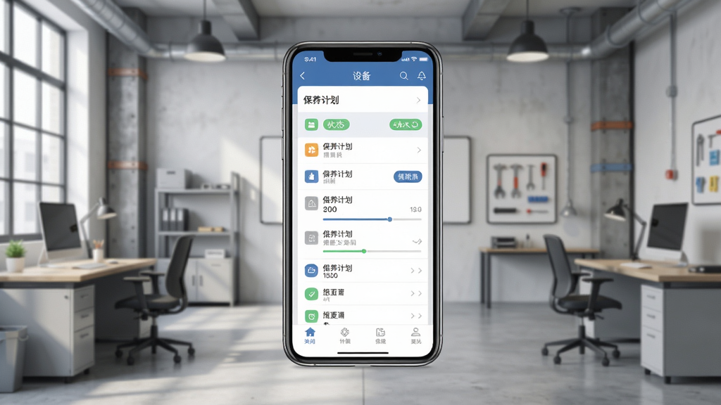 蹲蹲维保主界面展示,手机屏幕显示设备列表与保养计划,背景为简洁的工业风办公室,主体突出APP界面,布局居中,排版清晰,采用扁平化设计风格,细节包括状态标签和进度条,画质高清,干净,无多余元素