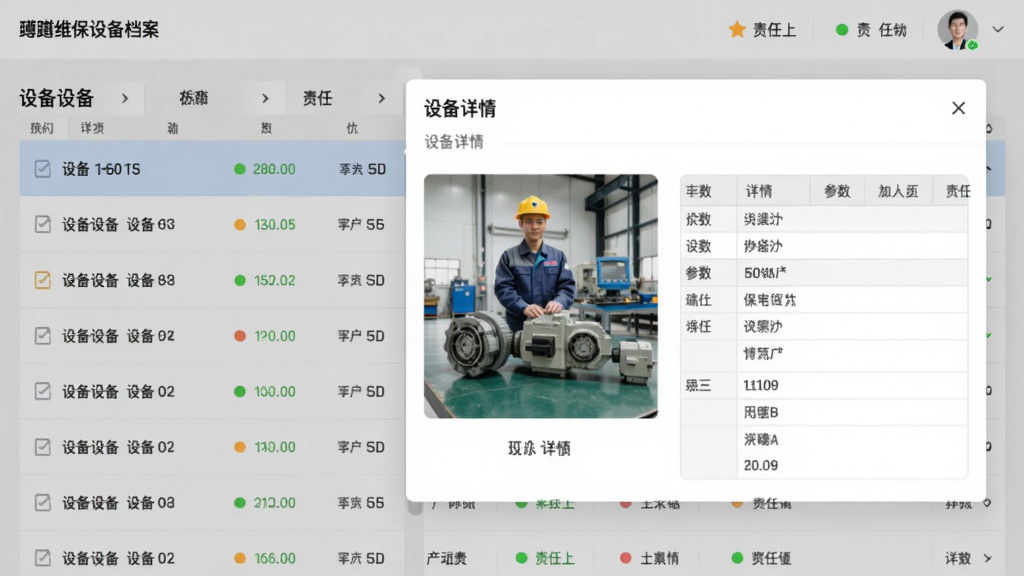 蹲蹲维保设备档案页面,展示设备列表与详情弹窗,包含设备照片和参数表格,布局左右分栏,排版整洁,风格商务简洁,细节有状态指示灯和责任人头像,画质清晰,干净,无多余元素