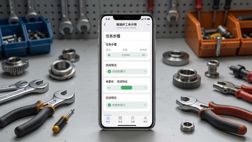 蹲蹲维保工单详情界面,展示任务步骤和完成情况,背景为维修工作台,主体为手机界面,布局居中,排版有序,风格写实,细节有工具和零件,画质高清,干净,无多余元素