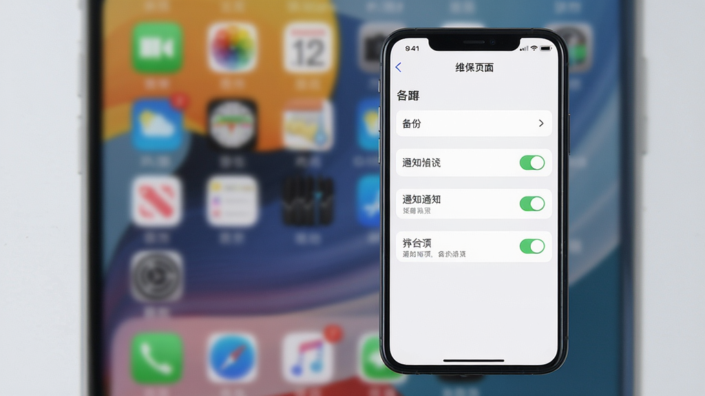 蹲蹲维保设置页面,展示备份与通知选项,背景为手机桌面,主体为APP设置界面,布局居中,排版简洁,风格清新,细节有开关按钮,画质干净,无多余元素