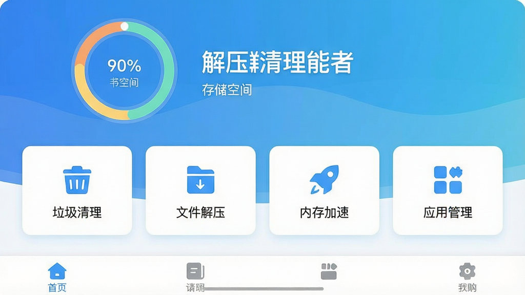 一张展示“解压清理能者”软件主界面的高清预览图,界面以清新的蓝白渐变为主色调,顶部显示手机存储空间占用环形图,中间排列着“垃圾清理”、“文件解压”、“内存加速”、“应用管理”四个功能卡片,每个卡片上带有简洁的白色图标,底部为导航栏,整体布局简洁明快,风格现代,细节精致,画质干净无多余元素