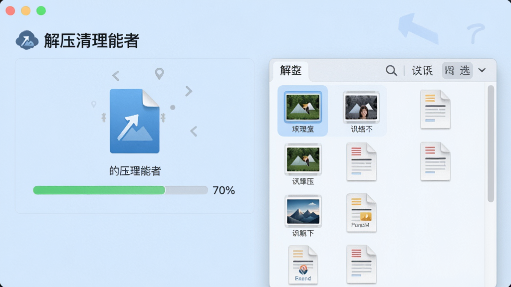 一张展示“解压清理能者”文件解压功能的界面,屏幕中显示一个压缩包文件正在解压,进度条已进行到70%,文件列表展示内部包含的图片和文档缩略图,背景为浅蓝色,界面简洁现代,细节清晰,画质干净无多余元素