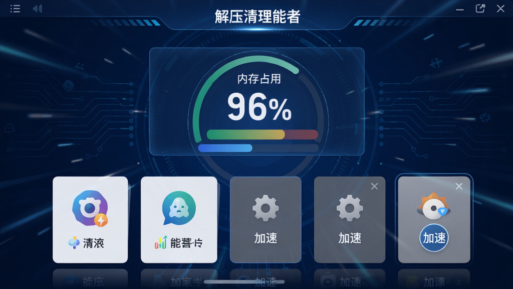 一张展示“解压清理能者”内存加速功能的界面,屏幕中央显示内存占用百分比,下方有多个后台应用卡片,点击加速后卡片变为灰色,背景为深蓝色科技风格,界面动感,细节精致,画质干净无多余元素
