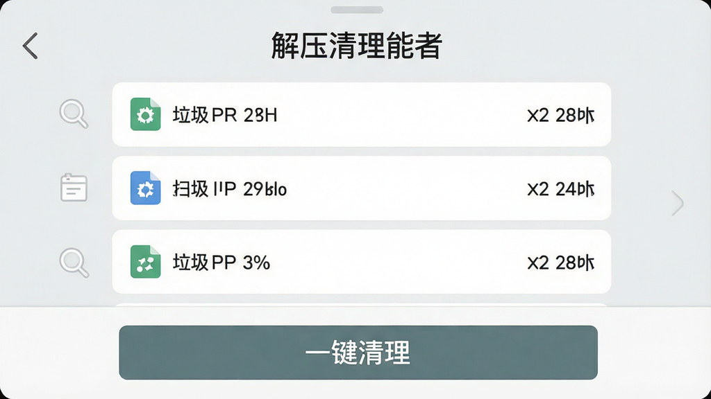 一张展示“解压清理能者”垃圾清理功能的界面截图,屏幕中央显示扫描到的垃圾文件列表,每个文件条目带有类型图标和大小标注,底部有一个醒目的“一键清理”按钮,背景为浅灰色,整体风格简洁,界面元素清晰,画质干净无多余元素