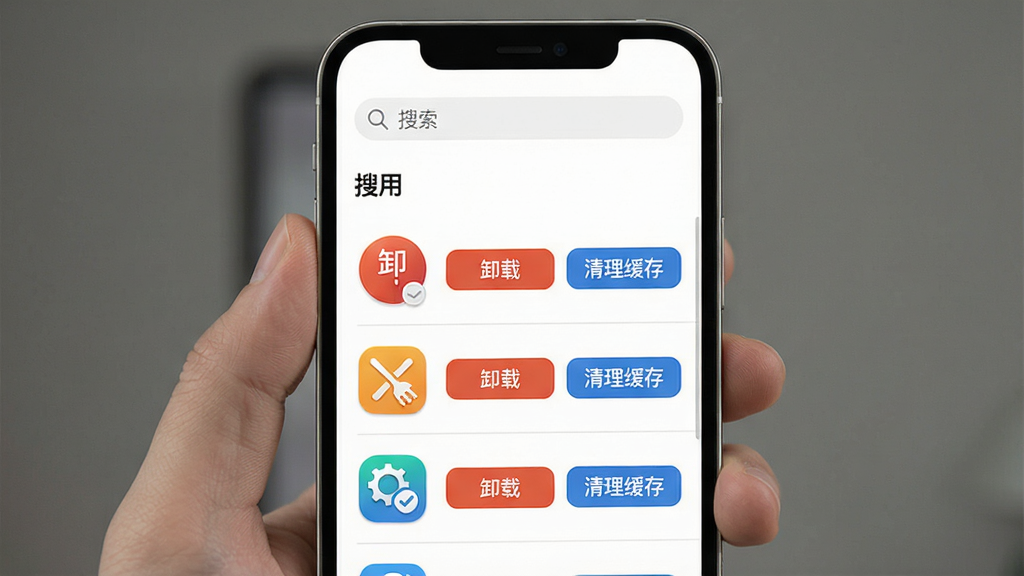 一张展示“解压清理能者”应用管理功能的界面,屏幕中显示应用列表,每个应用图标旁边有“卸载”和“清理缓存”按钮,顶部有搜索框,背景为白色,界面简约清爽,细节清晰,画质干净无多余元素