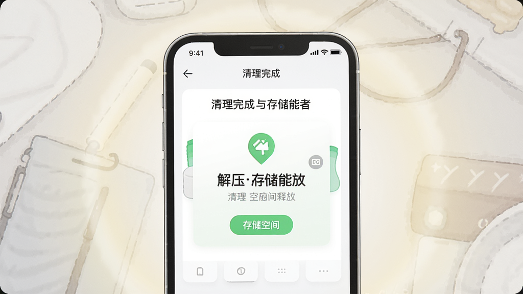 一张展示“解压清理能者”使用教程的插图,画面中一部手机正在运行软件,屏幕显示清理完成后的存储空间释放提示,背景为柔和的光晕,风格简洁,细节清晰,画质干净无多余元素