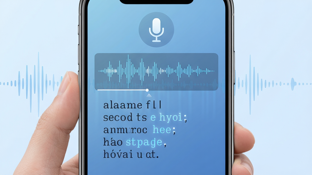 听念手机移动App语音转文字功能演示图,界面显示一段语音波形正在转化为文字的过程,背景为淡蓝色渐变,上方有麦克风图标,文字逐字浮现,科技感十足,布局居中,画质细腻,干净无多余元素