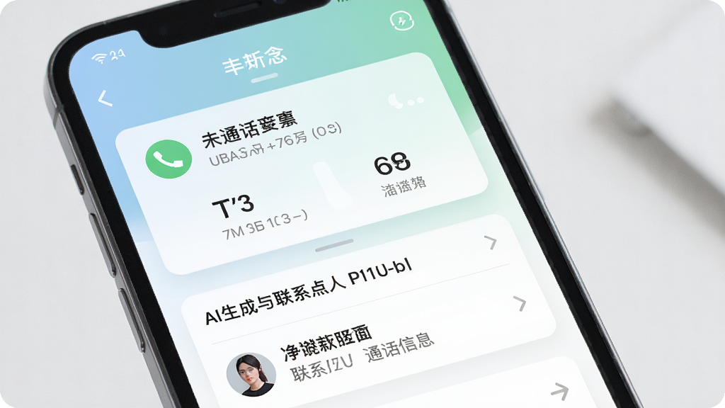 听念手机移动App智能来电摘要界面,展示一个未接来电卡片,下方列出AI生成的通话要点与联系人信息,界面采用卡片式设计,信息层级分明,色彩柔和,画质清晰,无多余元素
