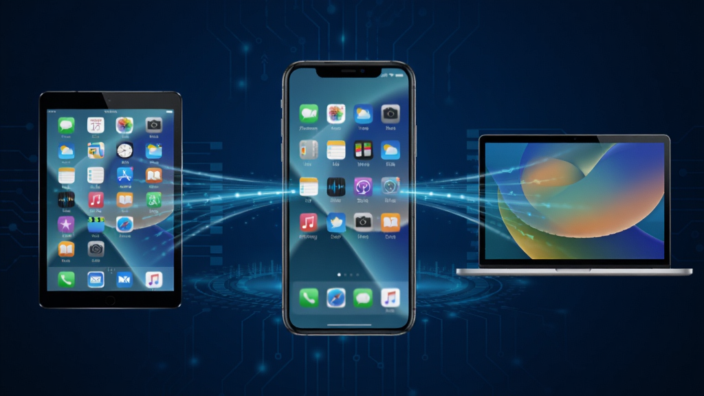 听念手机移动App多设备同步示意图,画面中央是一部手机,左右两侧分别连接平板和笔记本电脑,三者之间有光线流动表示数据同步,背景为深蓝色科技风格,构图平衡,画质高清,干净无多余元素