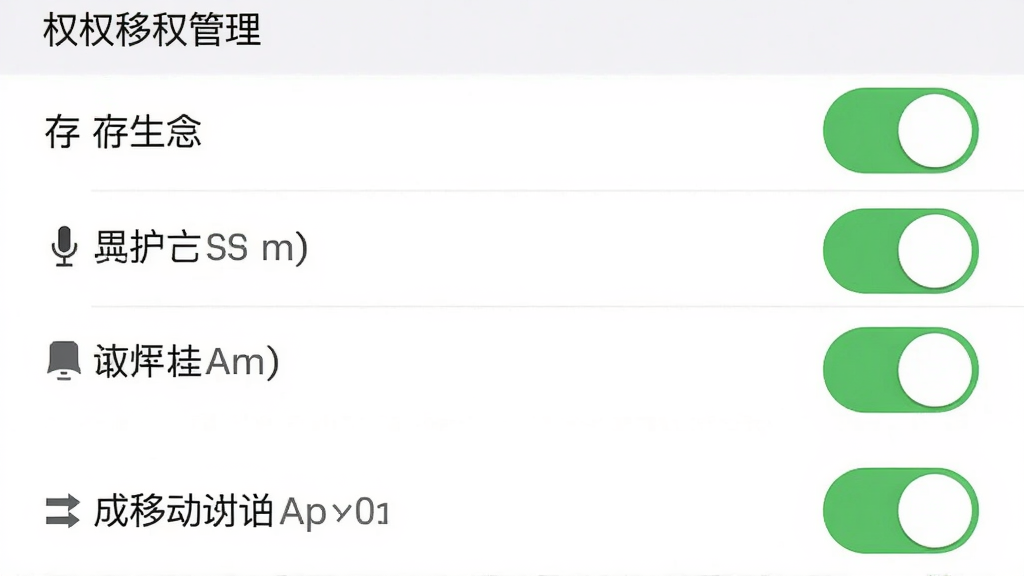 听念手机移动App设置界面截图,展示权限管理选项,包括存储、麦克风、通知等开关,界面简洁,开关按钮为绿色,背景白色,画质清晰,干净无多余元素